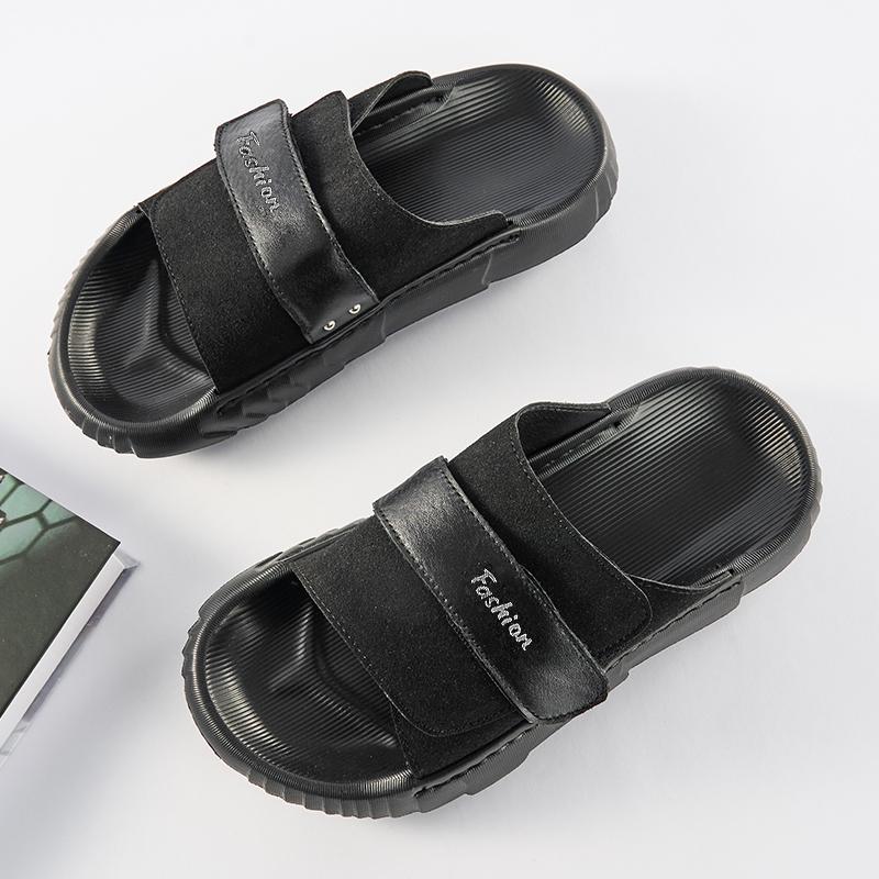 Men Slippers Wide Palm Outdoor Summer Black Flats Beach Shoes for Students Plus Size