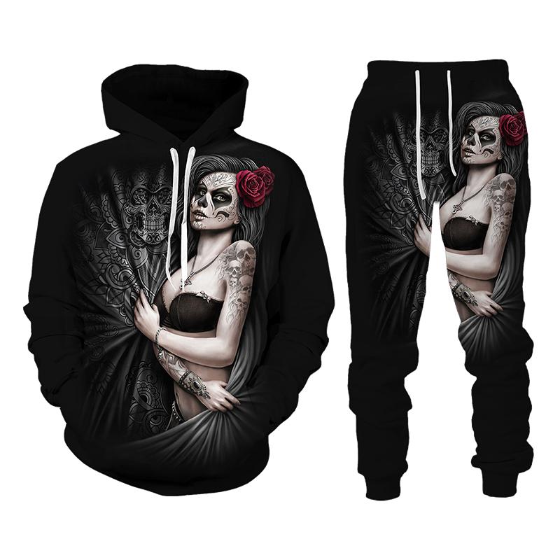Vintage Gothic Skull Pattern 3D Print Men Tracksuit Sets Casual Hoodie+Pants 2pcs Sets Oversized Sweatshirt Trend Men Clothing