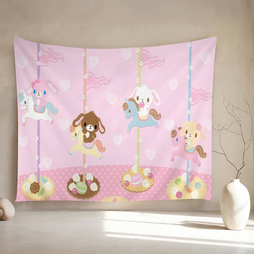Sugar Bunnies Dreamland Carousel Anime Tapestry Hippie Flower Wall Carpets Dorm Decor Wall Hanging Home Decor