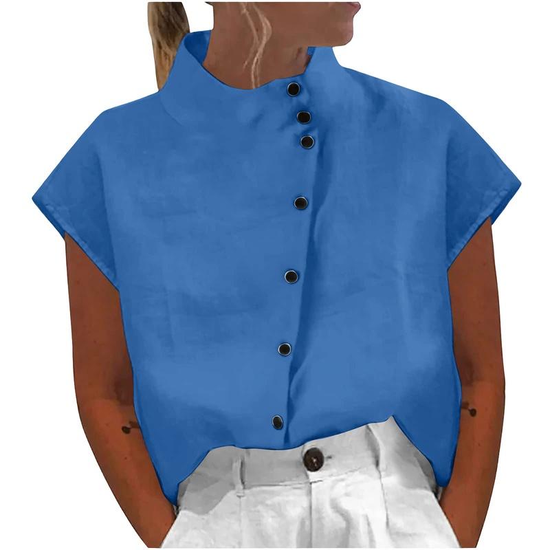 

Button Cotton Casual Blouse Women Short Sleeve M синий