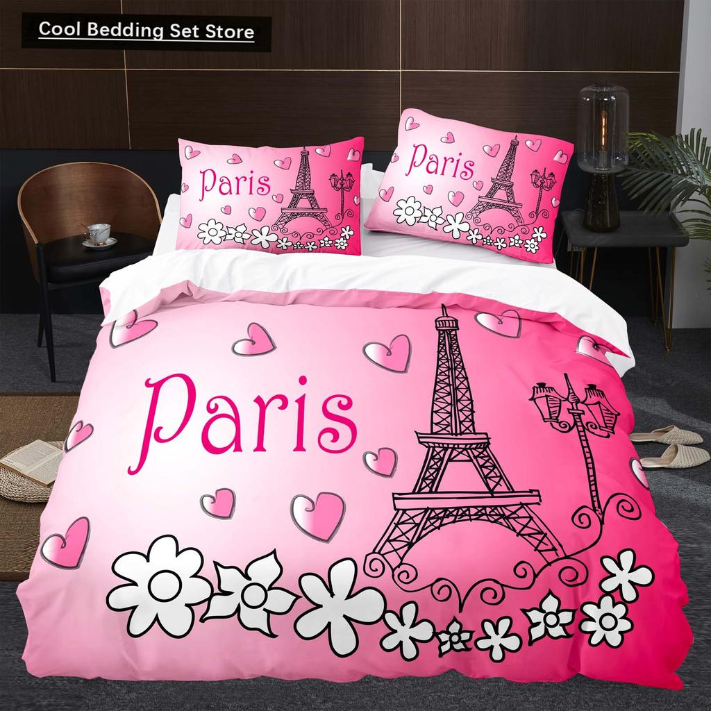 Eiffel Tower Flowers King Queen Duvet Cover Famous Architecture In Paris Bedding Set for Women Romantic Polyester Quilt Cover