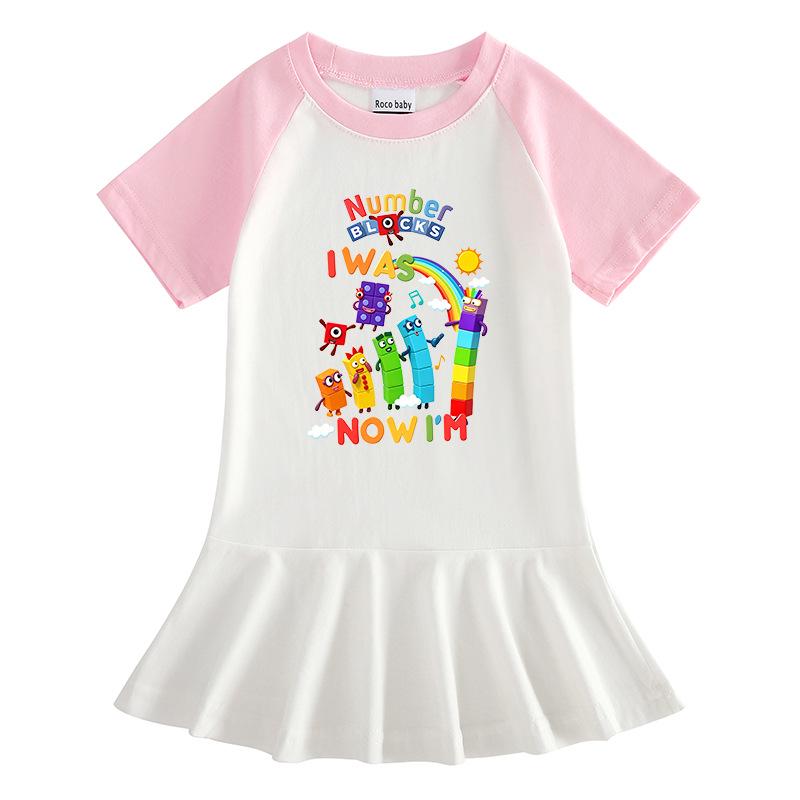 Girls' Summer Cartoon Raglan Color Block Dress with Ruffled Pleated Skirt