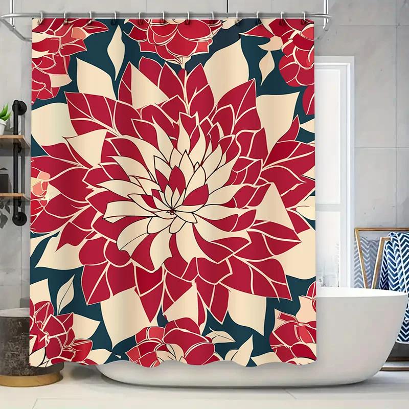 

Red Floral Shower Curtainwaterproof Fabric Decorative Bath Mat For Bathroom Accessories W60H190(CM)-1 Pcs