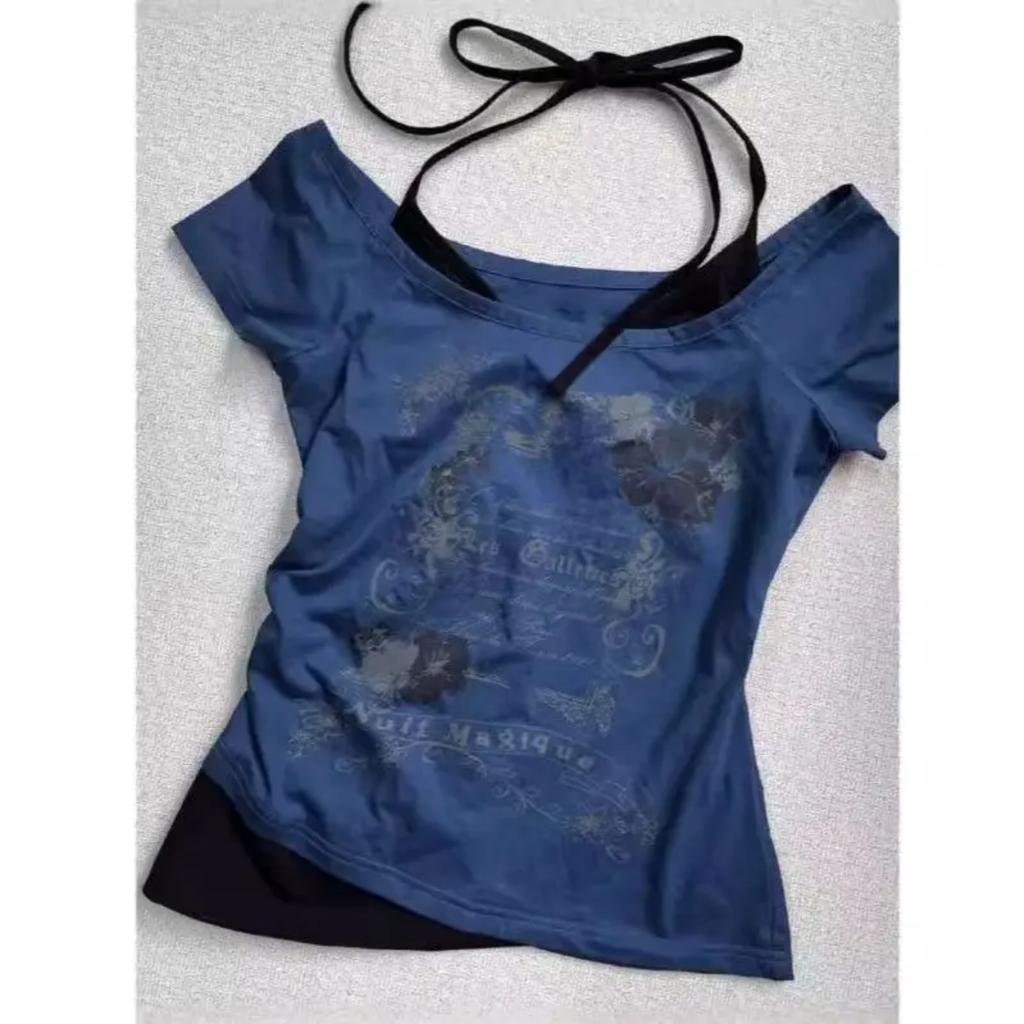 TrendHub American Vintage T Shirts Retro Grunge Letter Flower Print Crop Tops Y2k Summer T Shirts Fashion Streetwear Halter Harajuku Tees