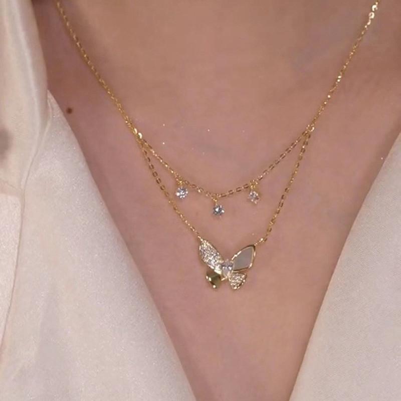 Zircon Inlaid Golden Butterfly Pendant Double Layer Necklace Women's Personality Fashion Necklace Wedding  Birthday Gifts