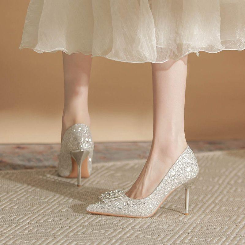 Not tired feet high heels wedding shoes women's 2025 new main wedding dress bride shoes can usually wear bridesmaid shoes French crystal