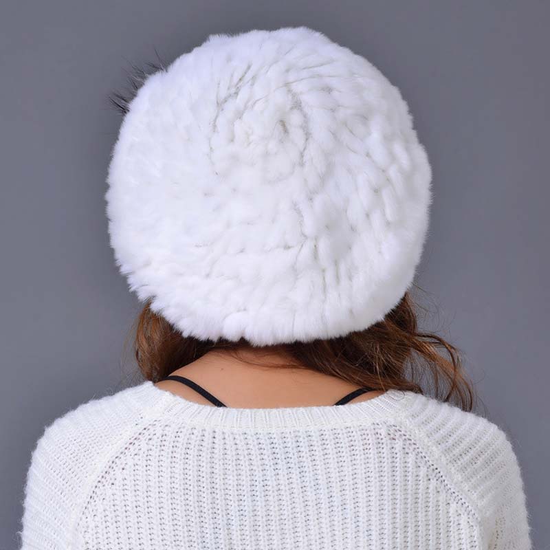 Hand Knitted Lady Winter Rabbit Fur Hat Women Beret Winter Beanies
