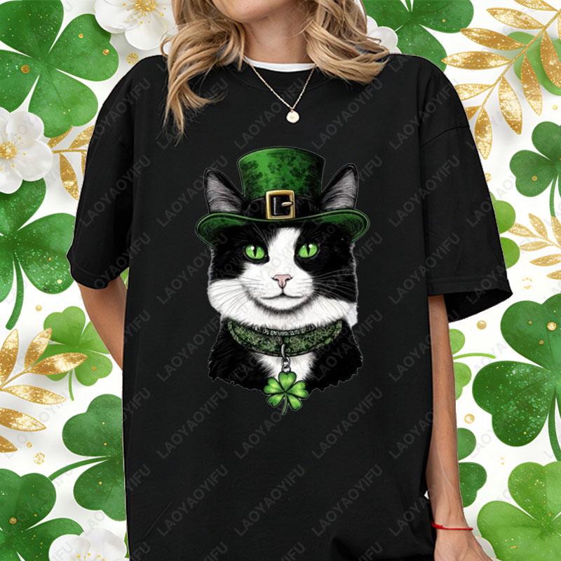 St Patricks Day Casual Unisex Cotton Shirts Lucky Clover Cute Tuxedo Cats Oneck Printed Tops Irish Women Ropa Mujer Cat Lover