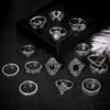 15Pcs Vintage Silver Joint Knot Rings Set Women Bohemian Stackable Joint Finger Rings Retro Stone Crystal Stacking Rings