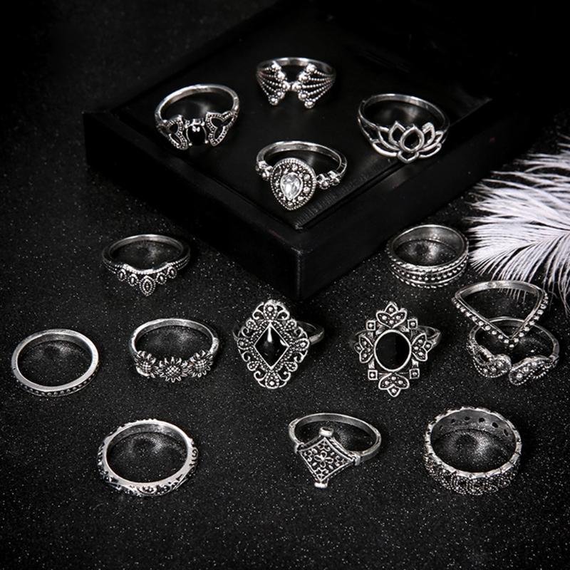 15Pcs Vintage Silver Joint Knot Rings Set Women Bohemian Stackable Joint Finger Rings Retro Stone Crystal Stacking Rings