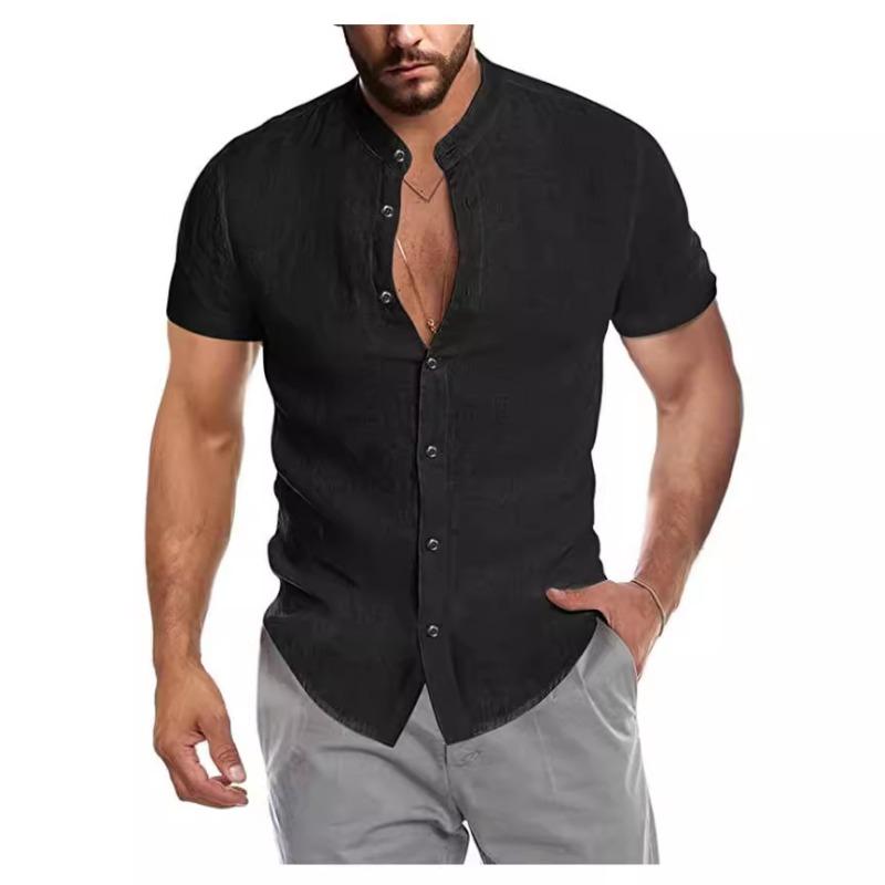 Summer V-neck Asia Cardigan Standing Collar Short Sleeved Men's Shirt