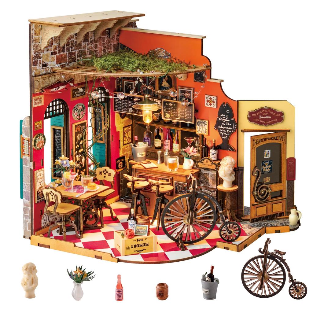 Rolife Miniature House Kit, Dollhouse with European Bar, LED Lights, DIY Handmade Kit, Doll House Interior Decor, Creates Ambience, Entryway, Craft