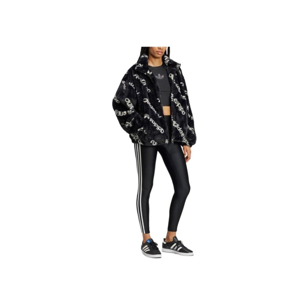 Adidas Originals Allover Print Fur Tonal Letter Sports Comfortable Loose Jacket Women Jacket Black IW5920