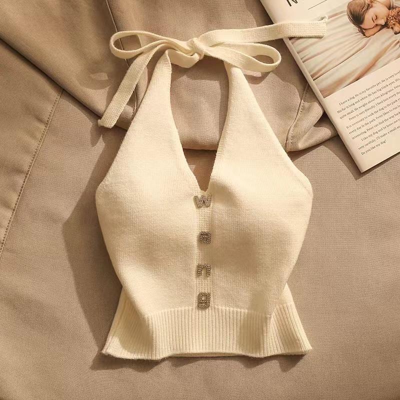 Kadın Kısa Yelek Moda V Yaka Kolsuz Harfli Yazlık Giyim Atlet Arkası Bağcıklı Kore Moda Stili Crop Giyim