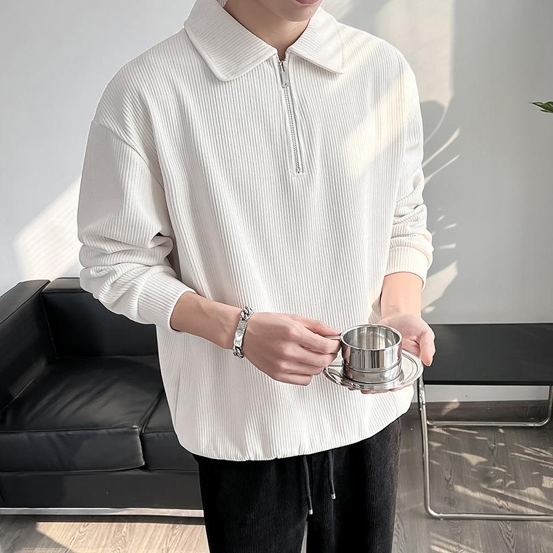 Men Vertical Striped Top Half Zipper Turn-down Collar Corduroy Loose Solid Color Long Sleeves Pullover Shirt Daily Wear