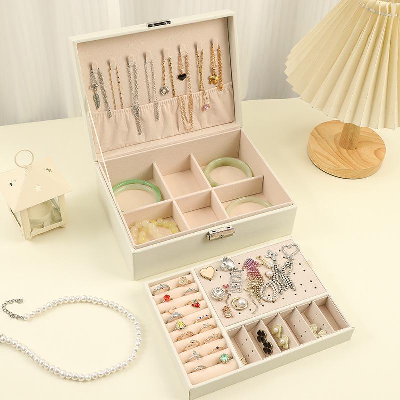 

Spot PU Double-Layer Lockable Jewelry Storage Box for Rings, Earrings, and Necklaces