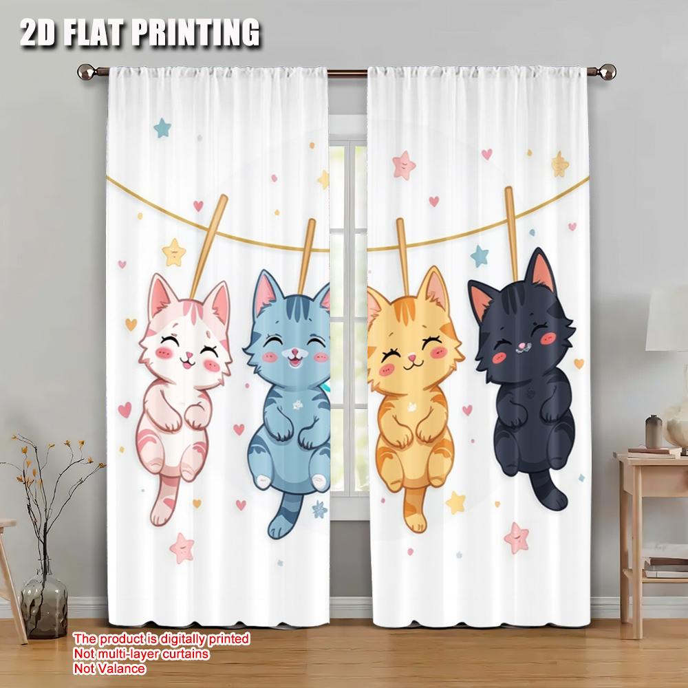

2pcs 2D flat printing Curtain Cute Hanging Cats Versatile Fabric Without Electricity Family Party Decoration Perfect for Bedroom 100*130 Rod Pocket 1pcs