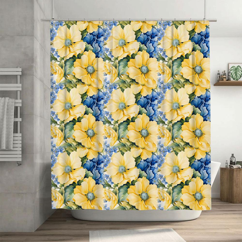 Floral Pattern Shower Curtain Bright Blue Yellow Floral Print for Bathroom Decor Machine Washable Water Repellent Fabric