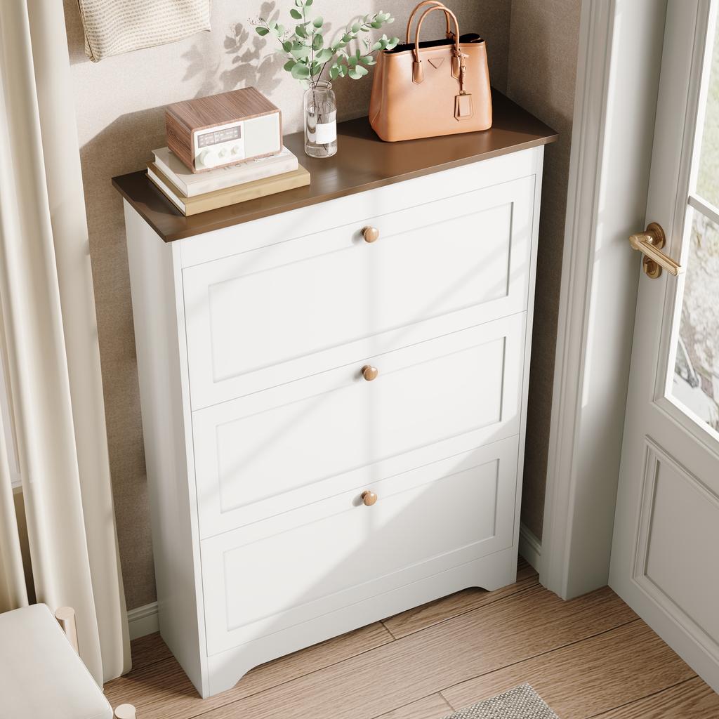 Shoe cabinet with 3 flaps shoe rack, small shoe cabinet for the entrance area, shoe cabinet with large capacity, round handles