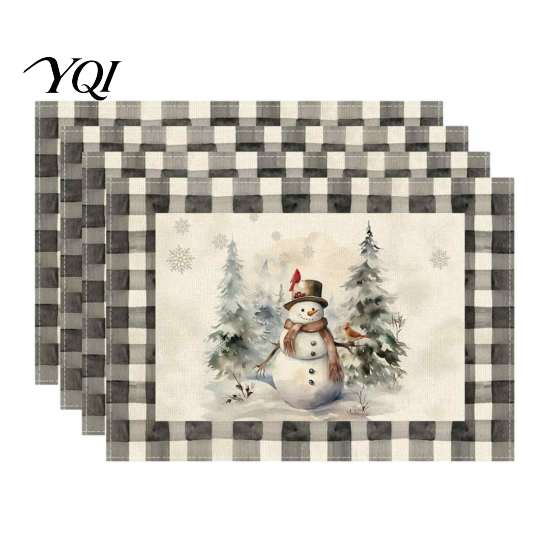 Linen Placemat Set 4Pcs Christmas Set, Cartoon Snowman Gingerbread Gnome Table Heat Insulation Pads Mat, Resistant Place Mat for Holiday Party