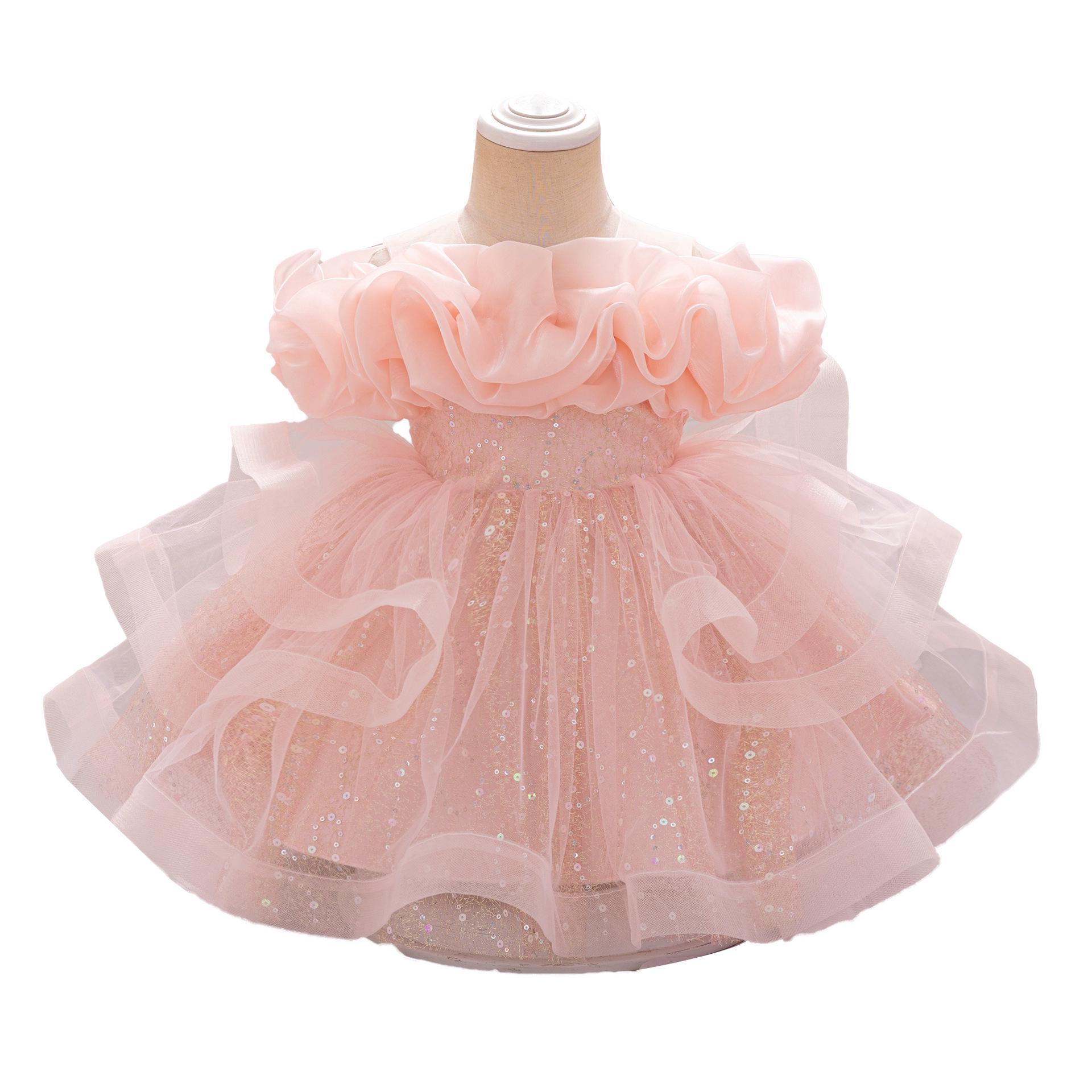 

2025 Girls First Birthday Formal Sequin Mesh Princess Dress 80cm/9-12M рожевий