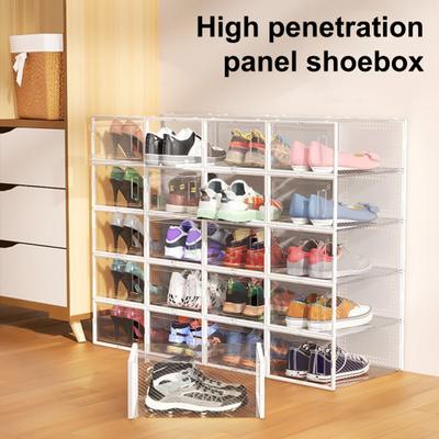 Scatola porta scarpe trasparente da 3 pezzi Foro di ventilazione impilabile Previene i cattivi odori Grande capacità con porta laterale Organizzatore di scarpe da ginnastica con tacco alto