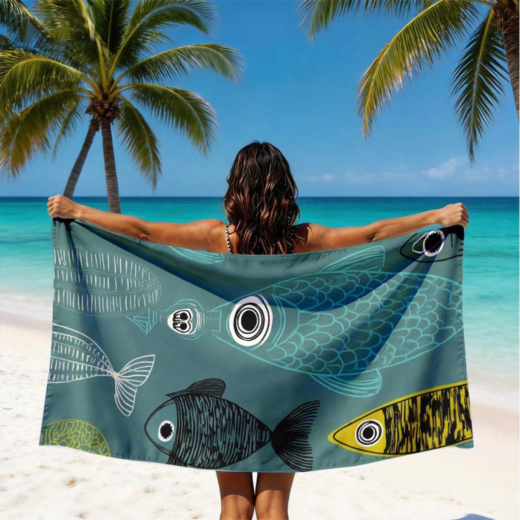 Marine Ocean Fish 2D Flat Printed Microfiber Beach Towel Sandproof Waterproof Surf Summer Holiday Swim Pool Bath Mat