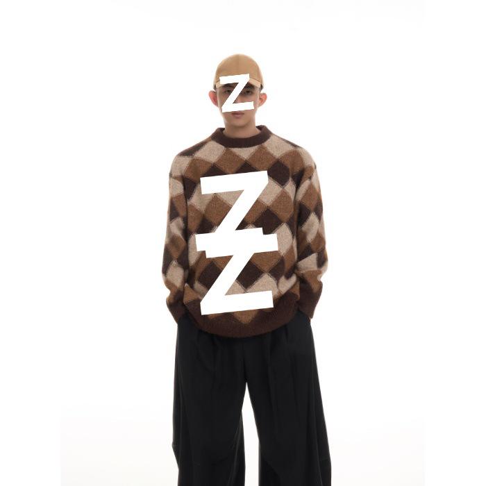 

Retro Color Block Diamond Pattern Knit Sweater Coat - Korean Style Loose Fit, Long Sleeve, Trendy Autumn/Winter 2025 Extra Large