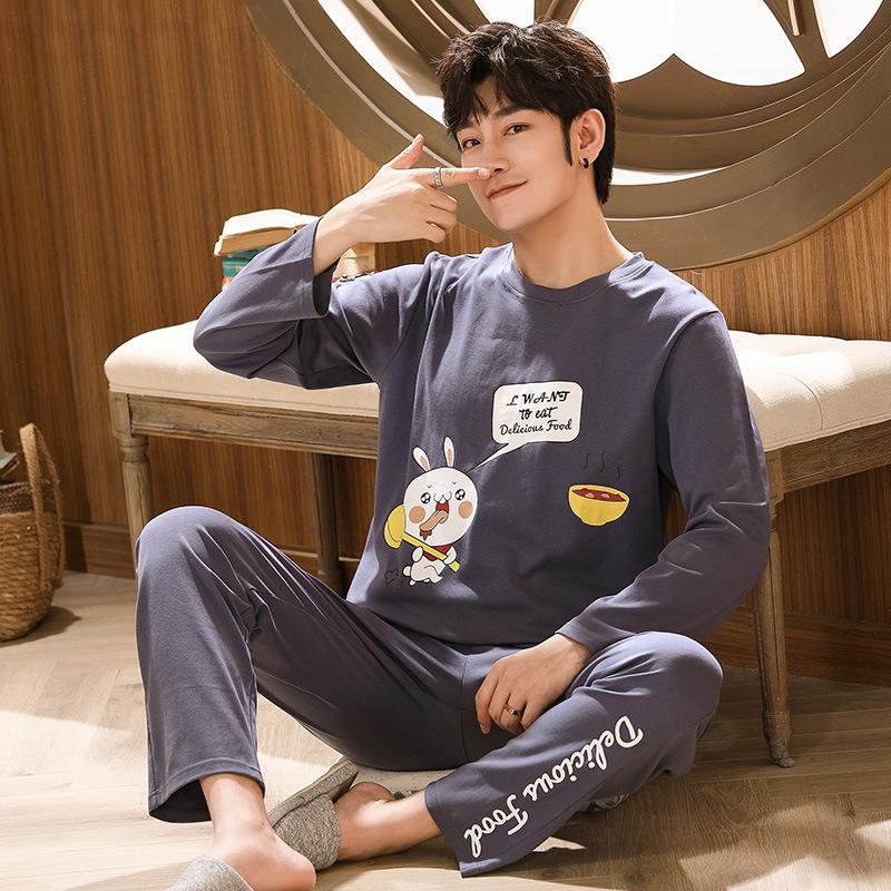 Men Pajamas Set Cotton Men Fashion Long Sleeves Pants Home Suit Cartoon Causal Two-piece Sleepwears