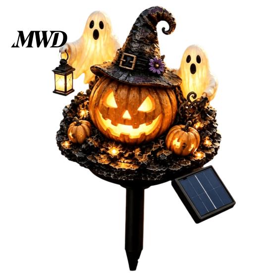 Halloween Porch Lighting Solar Pumpkin Garden Stake Light, Waterproof LED Yard Decoration with Automatic Dusk To Dawn Light Wizard Hat And Ghost,