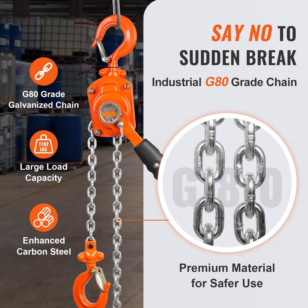Manual Lever Chain Hoist, 1/2 Ton 1100 Lbs Capacity 10 FT Come Along, G80 Galvanized Carbon Steel with Weston Double-Pawl Brake, Auto Chain Leading &