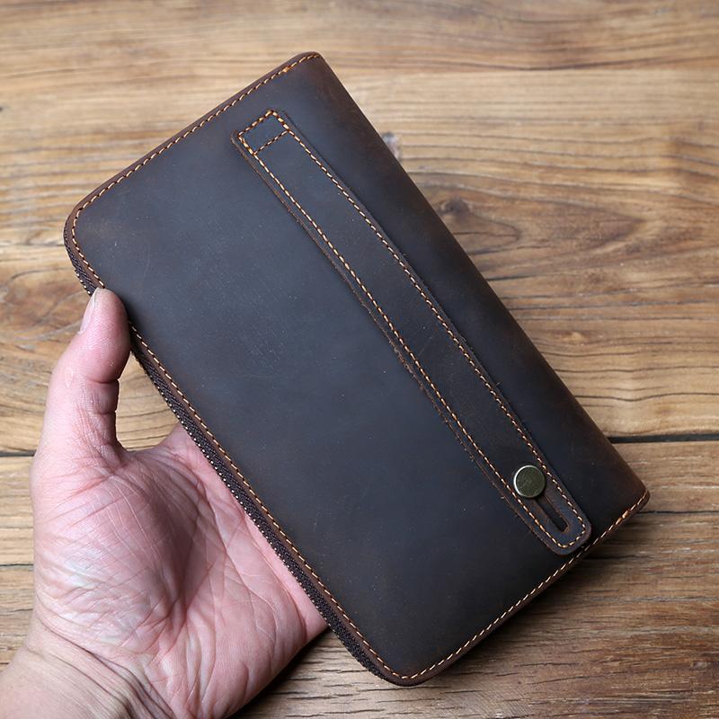 NZPJ Vintage Men Long Leather Wallet Crazy Horse Leather Mobile Bag Natural Cowhide Clutch Bag Multi Functional Wallet Card Bag