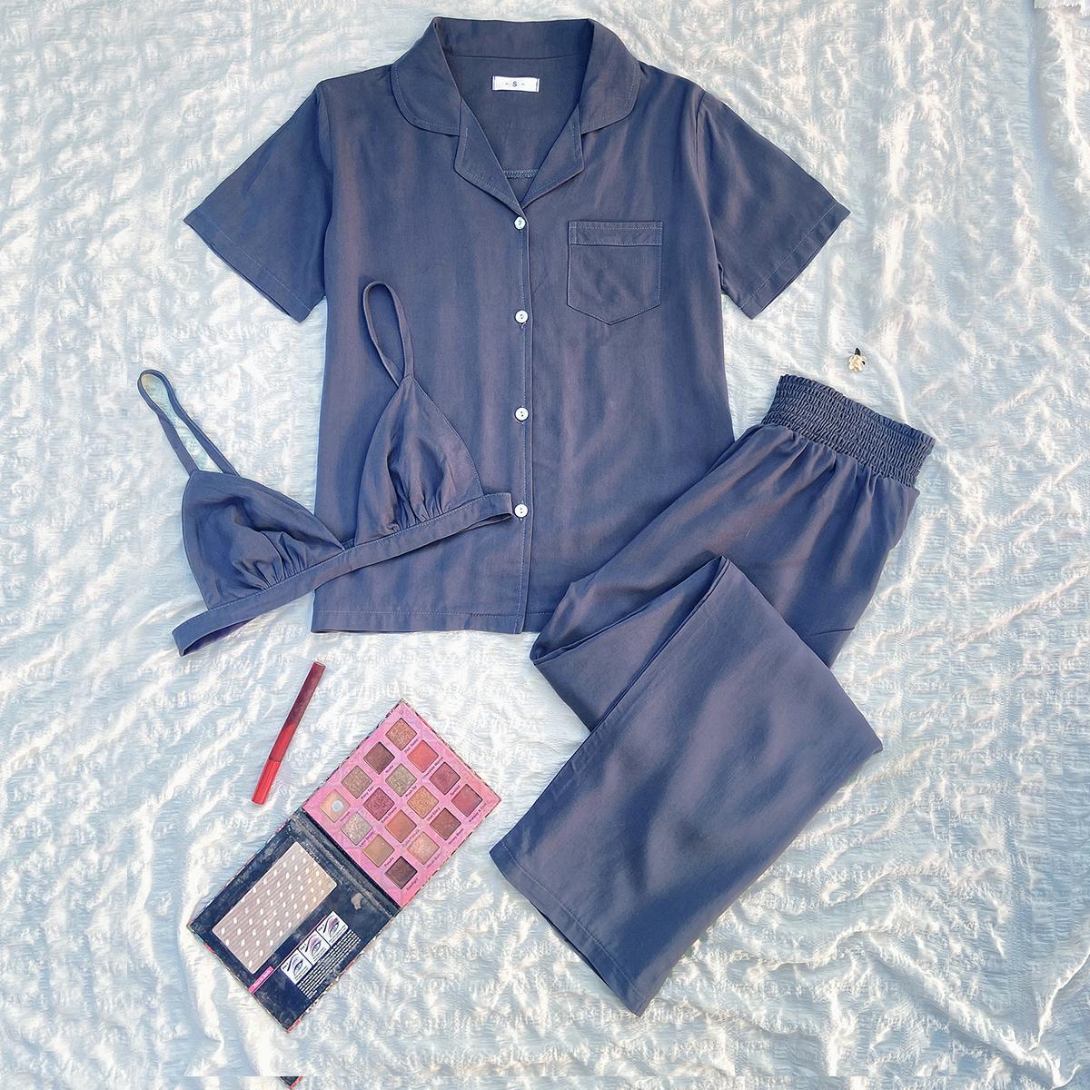 

Women s Summer Pajama Set: Short Sleeve, Long Pants, Three-piece, Solid Color