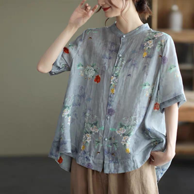 Summer Japanese and Korean Printed Cotton and Linen Blouse Ladies Loose Temperament Shirt Short-sleeved Shirt