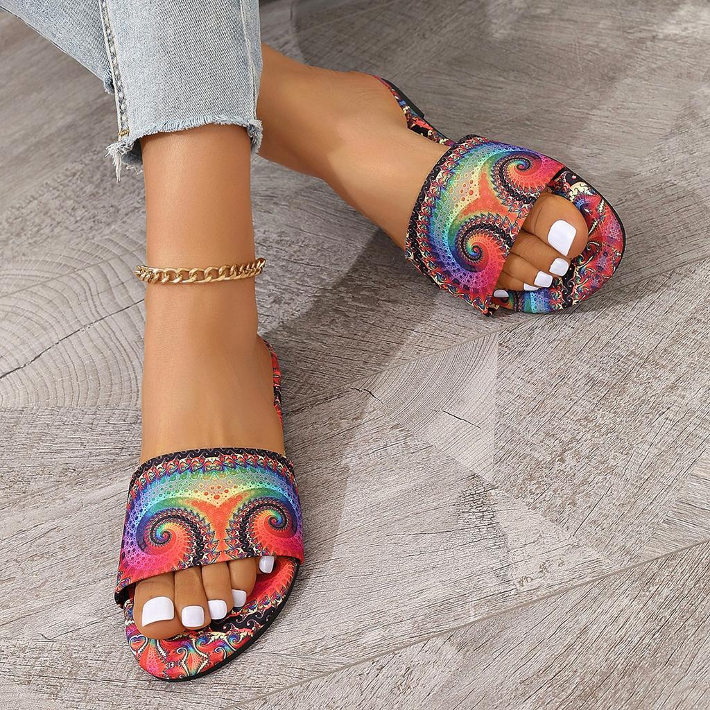 European and American foreign trade large size graffiti flat bottom one-word drag shoes women's new outer wear candy color square head beach sandals
