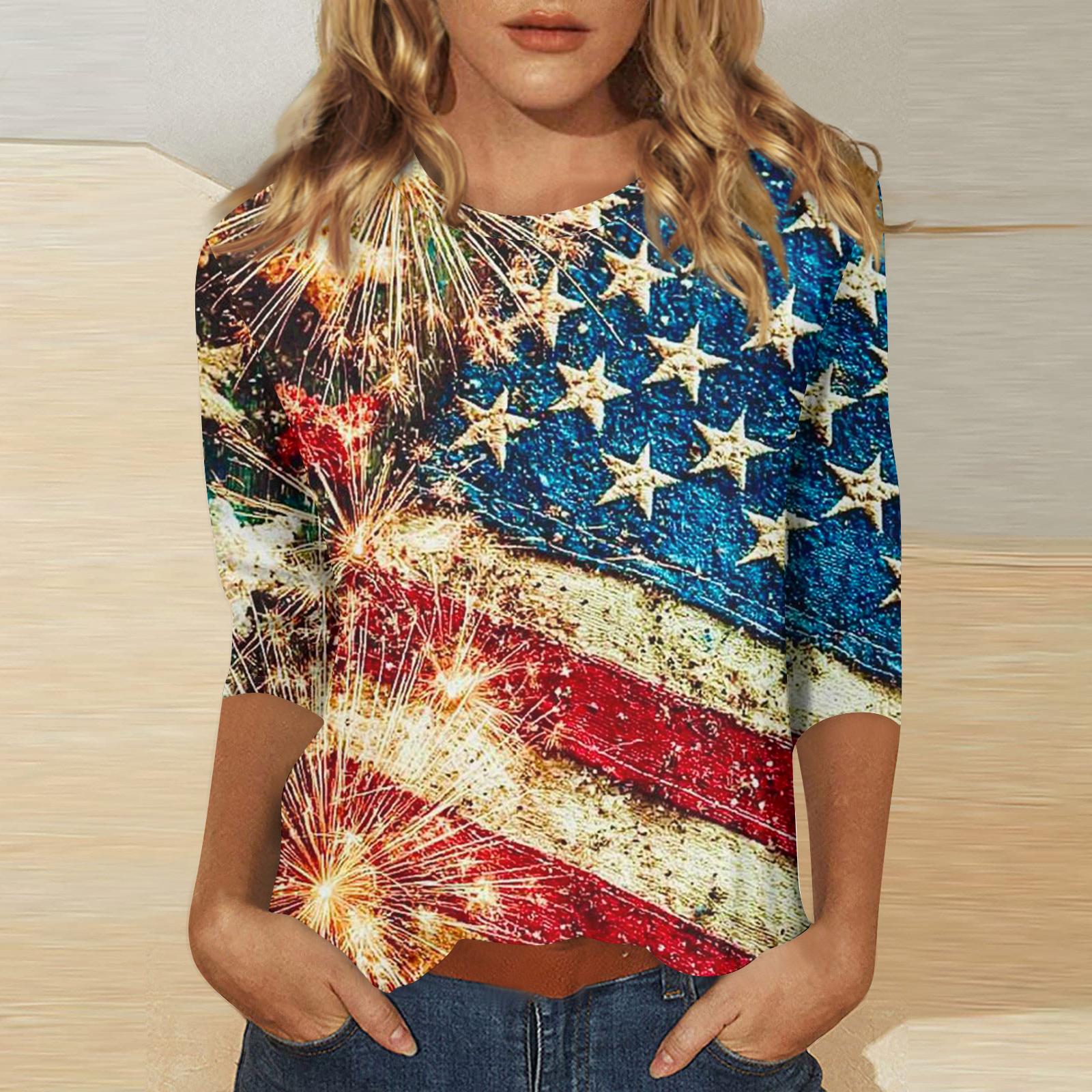 

Women s Independence Day Print Round Neck Seven-Eighths Sleeve Top XXXL