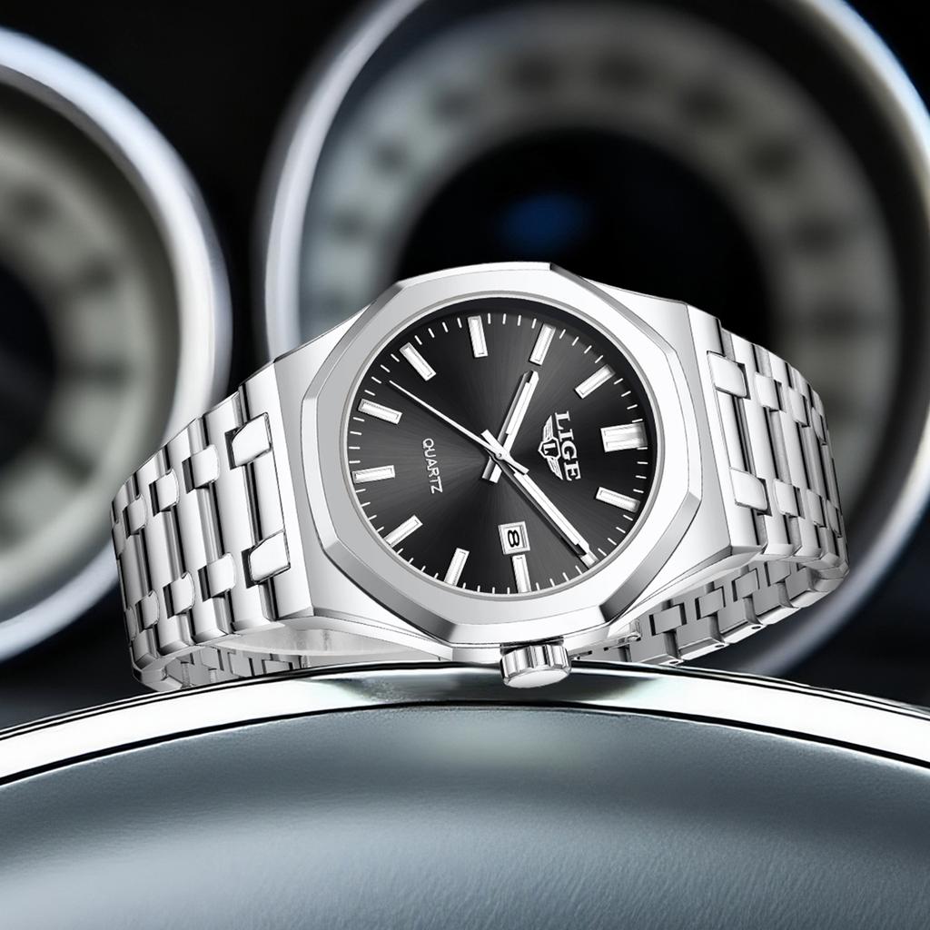 LIGE Mens Watches Super Luminous Auto Date Quartz Man Wristwatches Stainless Steel 3ATM Waterproof Male Gift Box Package