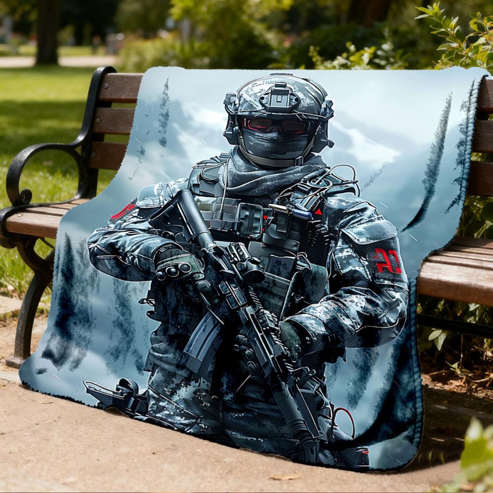 1pc Soldier Print Outdoor Blanket - Soft Flannel Cozy for Travel & Camping - All-Season Warm Bed Cover, Machine Washable yy251229094