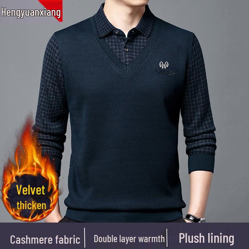 Hengyuanxiang Men's Pure Cashmere Two-Piece Look Thickened Winter Sweater