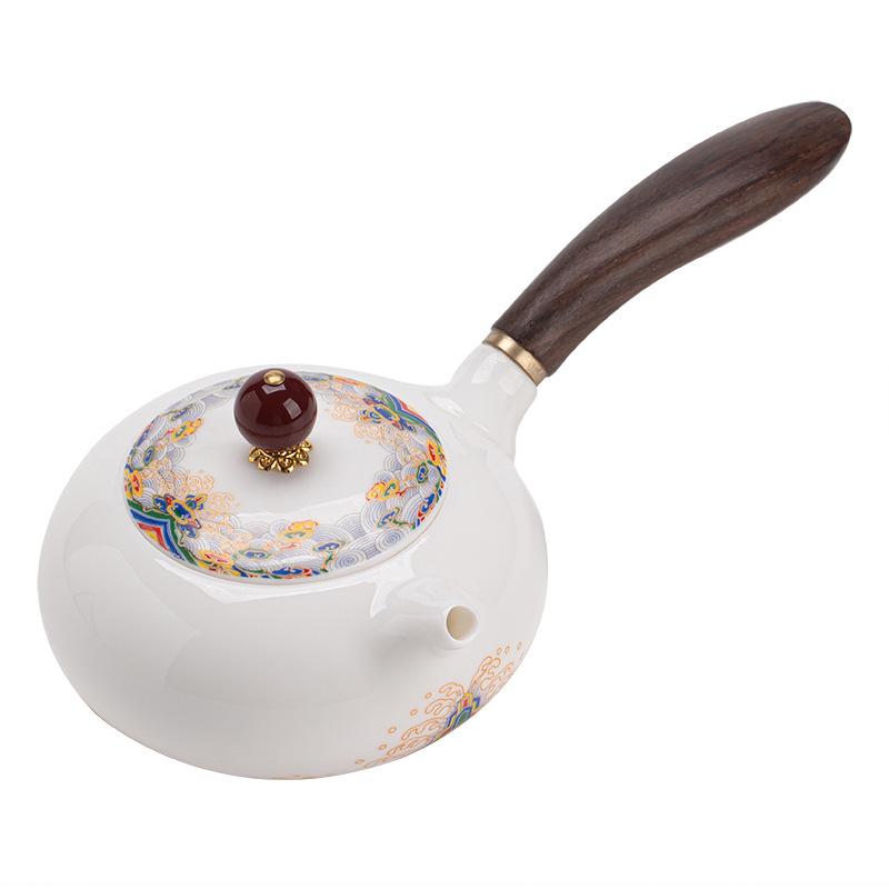 Suet jade porcelain high white porcelain seawater river cliff side handle pot office household teapot tea ceremony tea set kung fu tea set