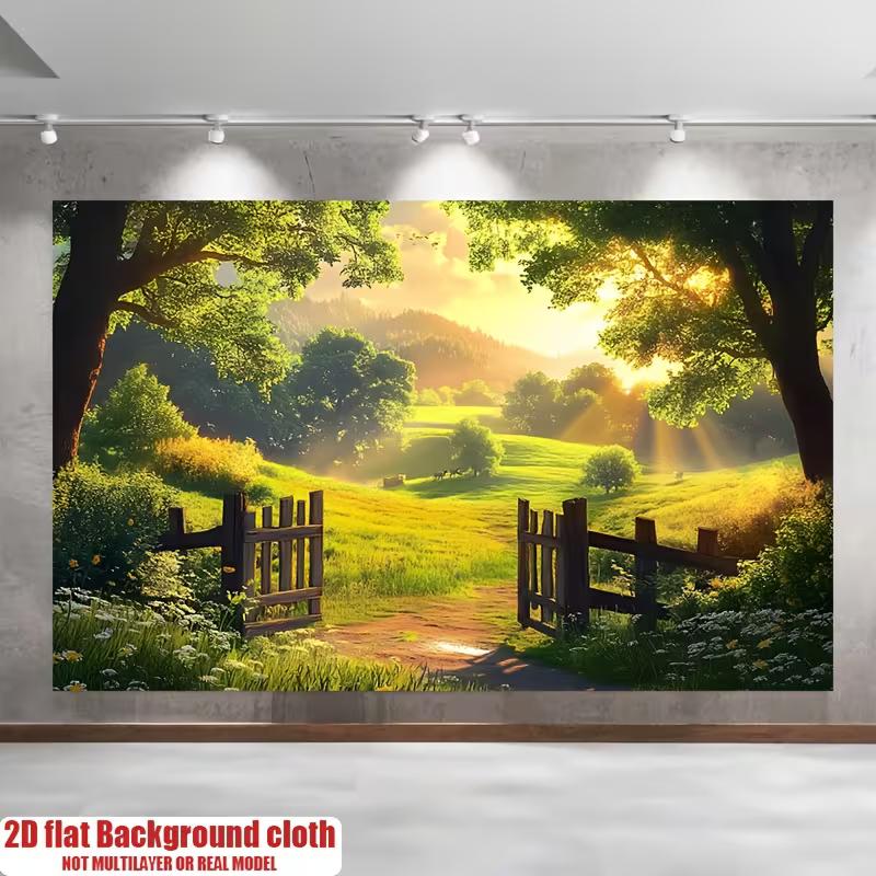 

2D Sunrise Countryside Photography Backdrop Green Farm Gate Nature Background 47.2x31.5inch/120*80cm