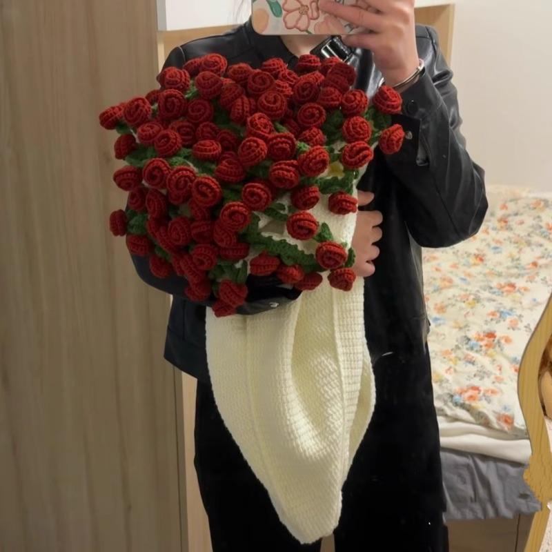 Handmade Knitted Rose Bouquet Round Crochet Flower Blanket