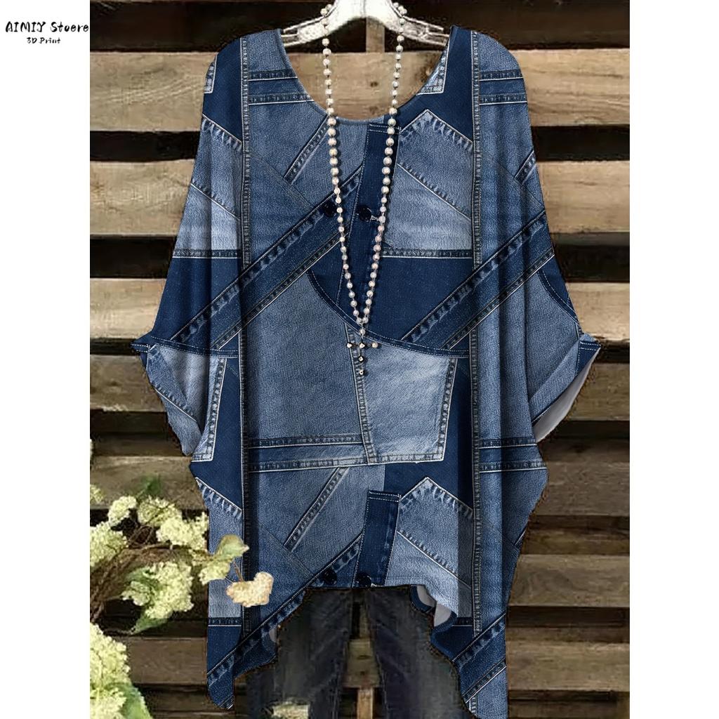 Imitation Denim All-Over Print T-Shirt | Casual Round Neck Short Sleeve Top with Frayed Hem Crisscross Back Detail Washable