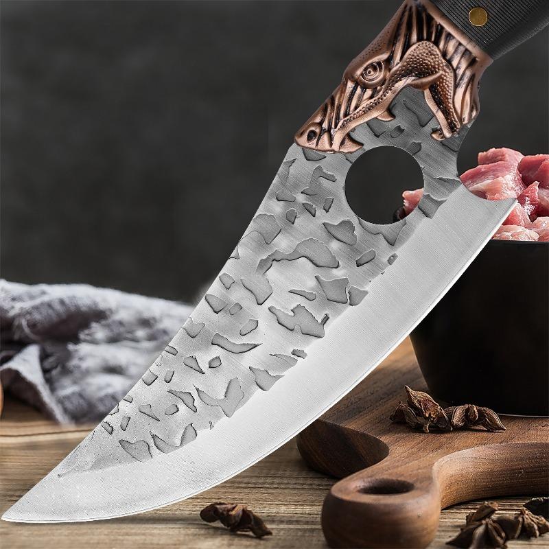 Vintage Forged Kitchen Knife Household Stainless Steel Meat Cutting Knife with Plastic Handle Forging Process Cutting Tool with Leather Knife Cover