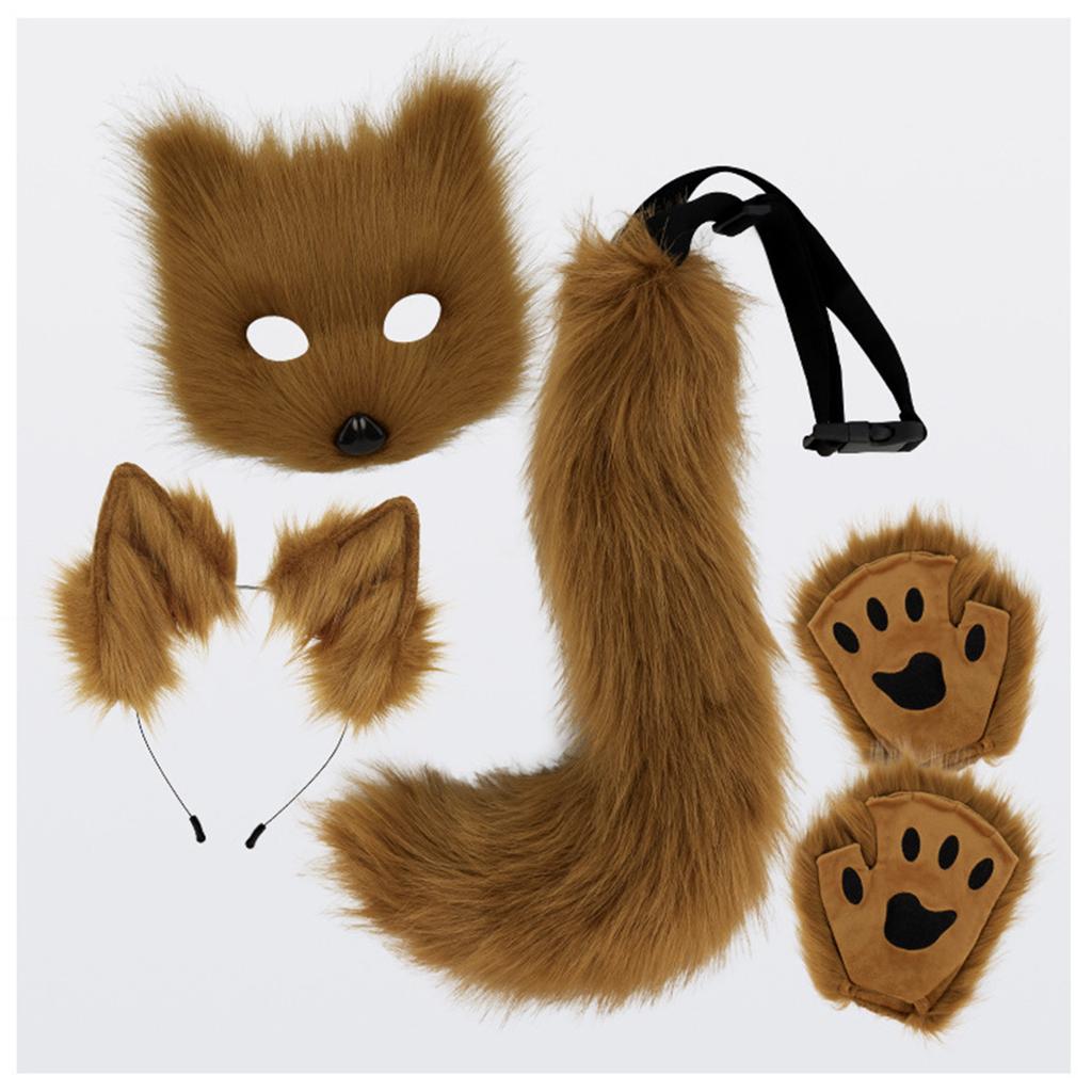 Wolf Foxes Costume with Plush Animal Face Mask, Headband, Plush Glove Animal Tail Costume for Children Adult Halloween