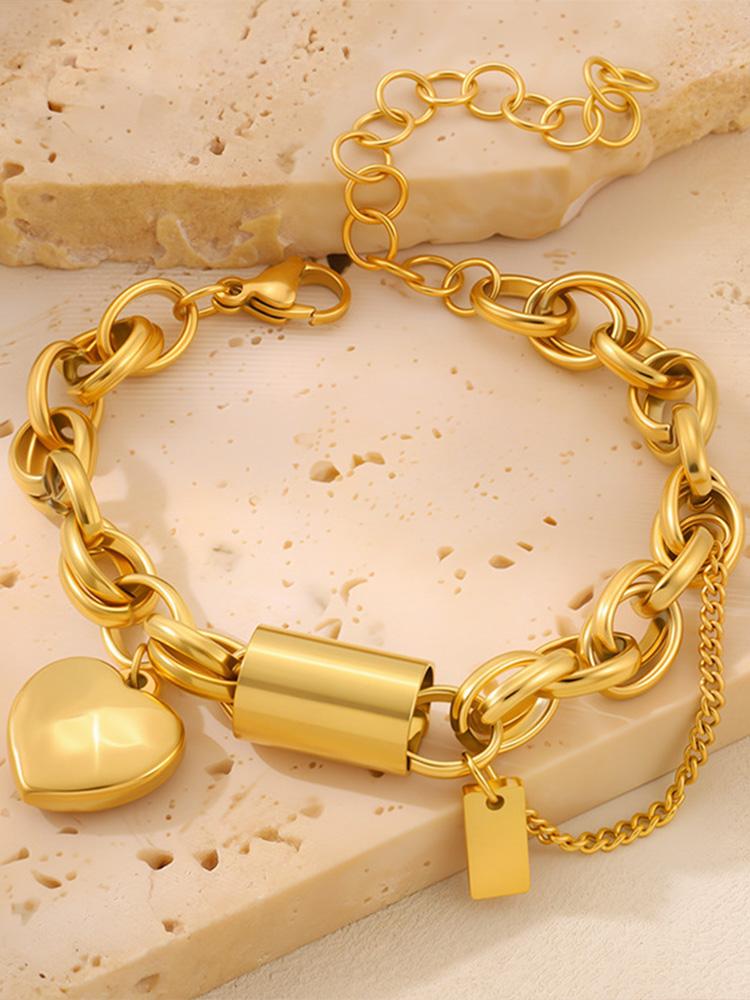 Golden Heart with Chain Women New Cuban Chain Love Bracelet Light Luxury High End Gold Bracelet Titanium Steel Bracelet