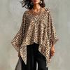 Women Leopard Print V Neck Batwing Sleeve Asymmetrical Hem Blouse Casual Loose Fit Top