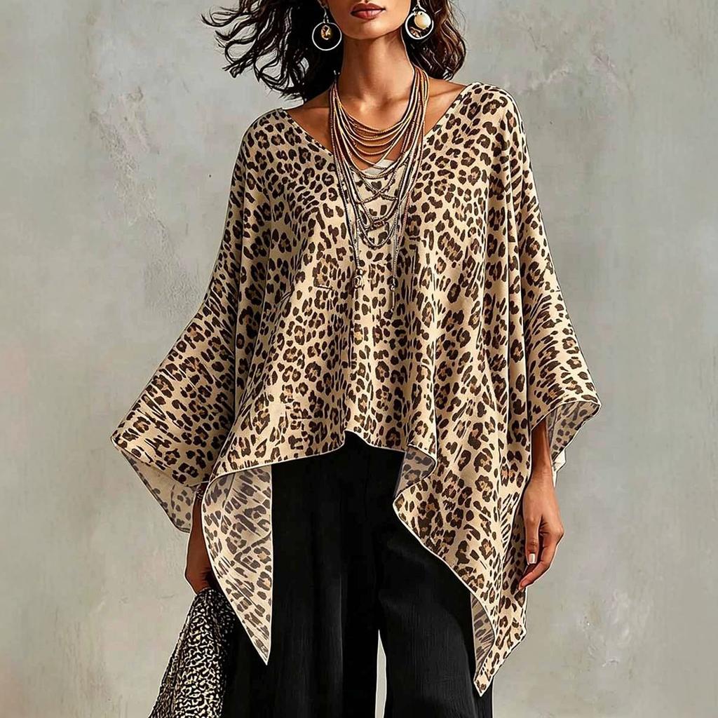 Women Leopard Print V Neck Batwing Sleeve Asymmetrical Hem Blouse Casual Loose Fit Top