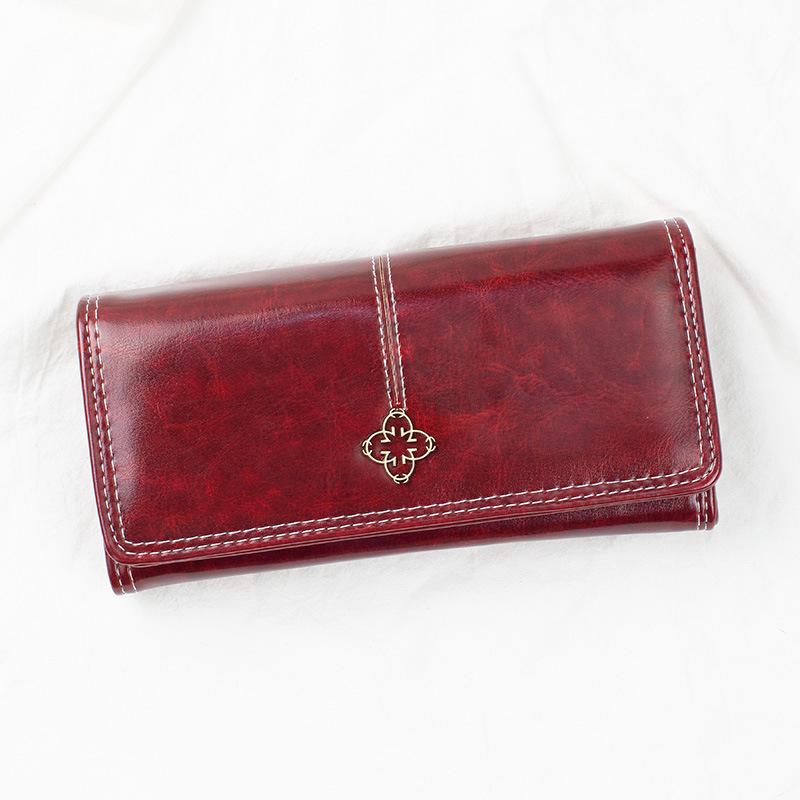 

Leather texture women s long hand wallet retro oil wax leather women s multi-card change grid wallet