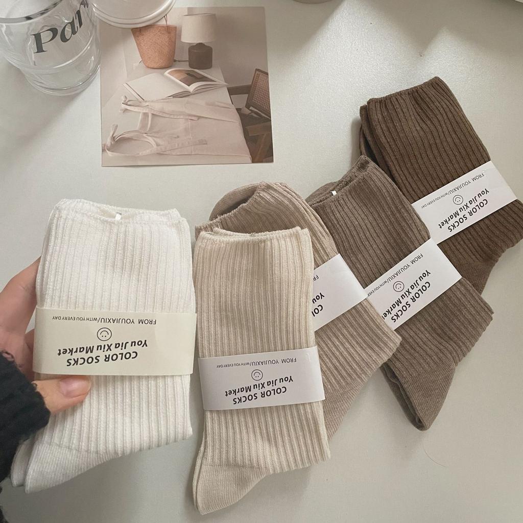 22 Four Seasons Simple Basic Draw Strip Solid Color Spinning Socks Double Needle Socks Preppy Style